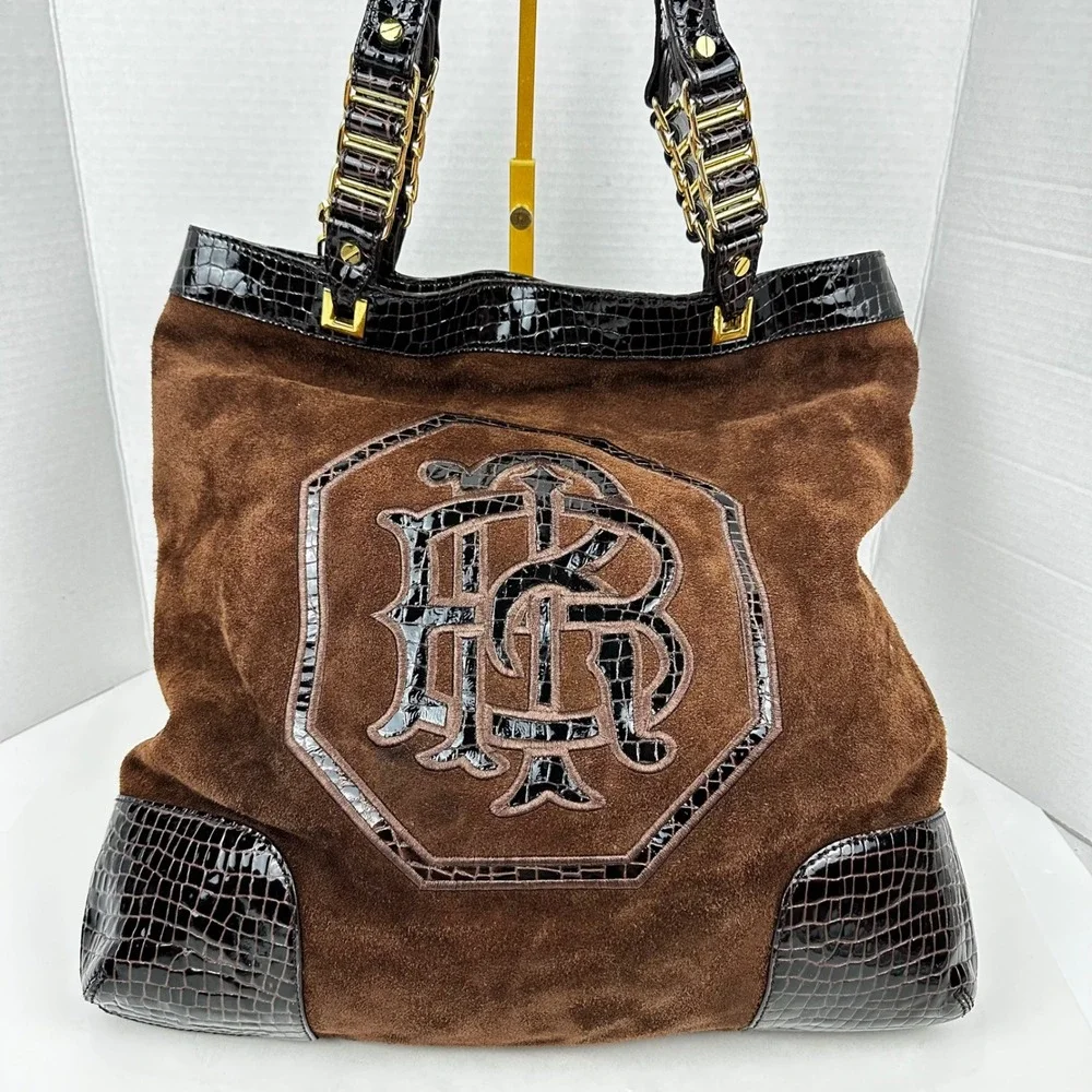 Tory Burch Espresso Suede Croc Embossed Satchel Shoulder Tote Bag Large Preowned